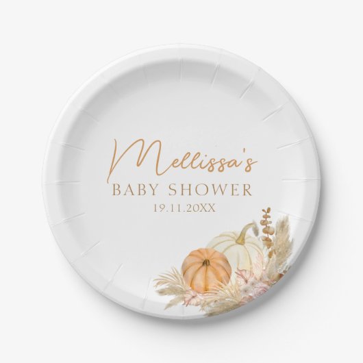 Ein kleiner Kürbis ist auf dem Weg zum Herbst des Pappteller (Vorderseite)