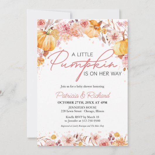 Ein kleiner Kürbis ist auf dem Weg zur Babydusche Einladung (Vorderseite)