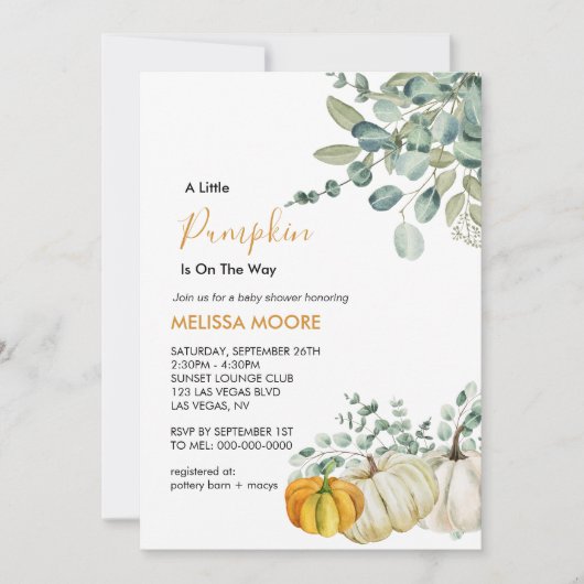 Ein kleiner Kürbis ist auf dem Weg zur Babydusche Einladung (Vorderseite)