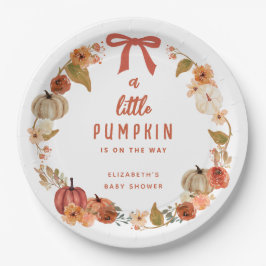 Ein kleiner Kürbis ist auf dem Weg zur Babydusche. Pappteller