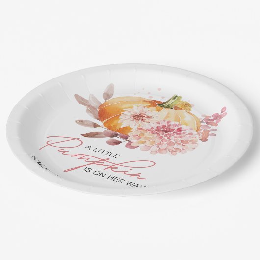 Ein kleiner Kürbis ist auf dem Weg zur Babydusche Pappteller (Schrägansicht)