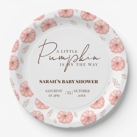 Ein kleiner Kürbis ist auf dem Weg zur Babydusche Pappteller (Vorderseite)