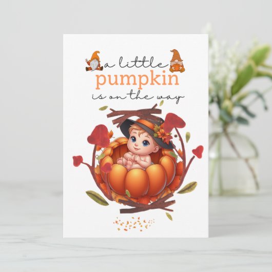 Ein kleiner Kürbis ist auf dem Weg zur Babydusche Save The Date (Stehend Vorderseite)