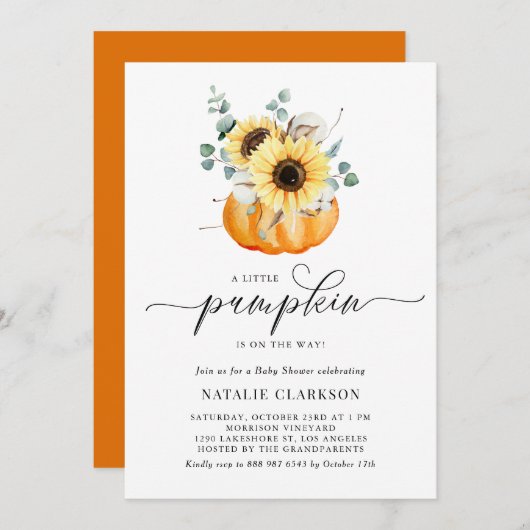 Ein kleiner Kürbis ist auf dem Weg zur Herbstdusch Einladung (Vorne/Hinten)