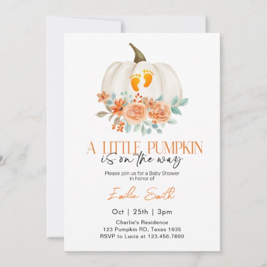 Ein kleiner Kürbis ist auf dem Weg zur Herbstdusch Einladung (Vorderseite)