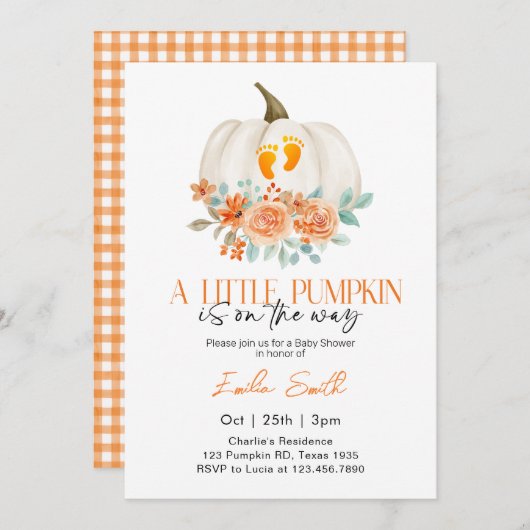 Ein kleiner Kürbis ist auf dem Weg zur Herbstdusch Einladung (Vorne/Hinten)