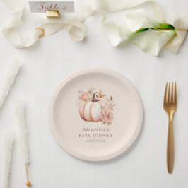 Ein kleiner Kürbis ist auf dem Weg zur Herbstdusch Pappteller