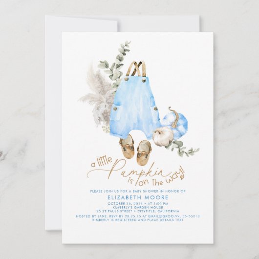 Ein kleiner Kürbis ist auf dem Weg zur Kinderdusch Einladung (Vorderseite)