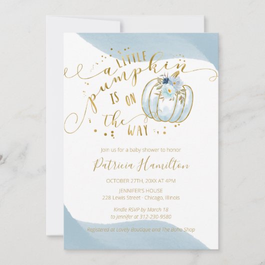 Ein kleiner Kürbis ist auf dem Weg zur Kinderdusch Einladung (Vorderseite)