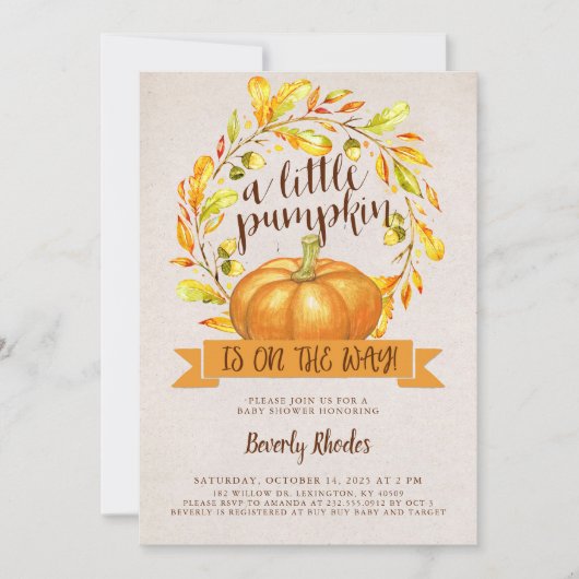 Ein kleiner Kürbis ist auf der Way Fall Baby Dusch Einladung (Vorderseite)
