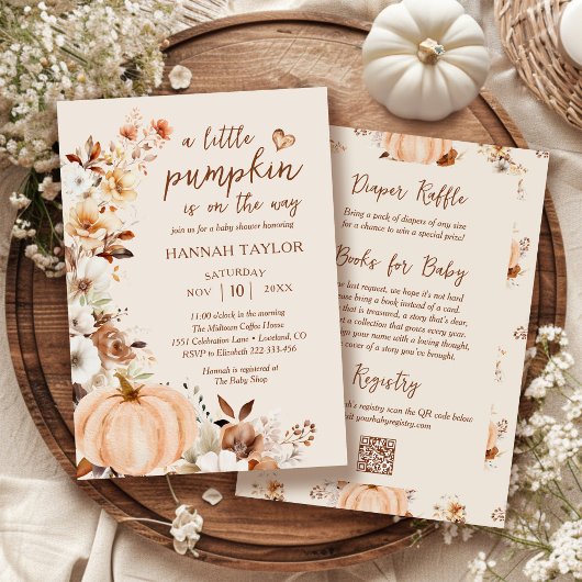Ein kleiner Kürbis QR-Code Herbst-Blumen-Baby-Part Einladung