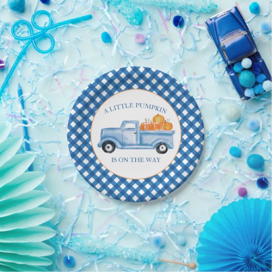 Ein kleiner Kürbisblauer LKW fallen Baby Duschpapi Pappteller (Party)