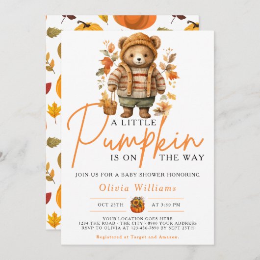 Ein kleiner Kürbisfall Herbst NIEDLICHE BAR Babydu Einladung (Vorne/Hinten)