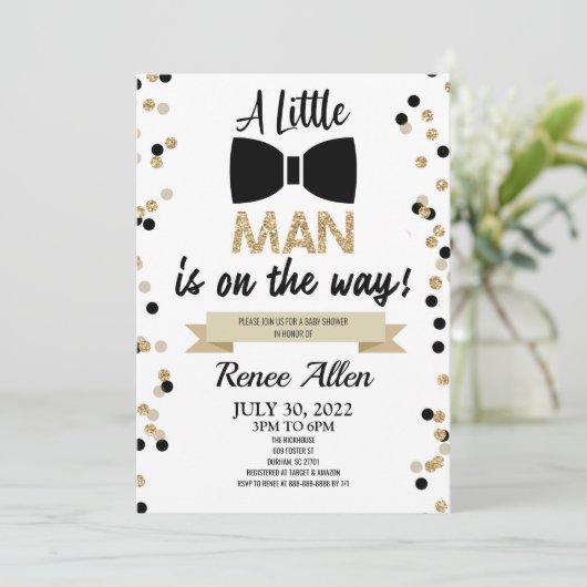 Ein kleiner Mann ist unterwegs! Bowtie Baby Shower Einladung (Stehend Vorderseite)