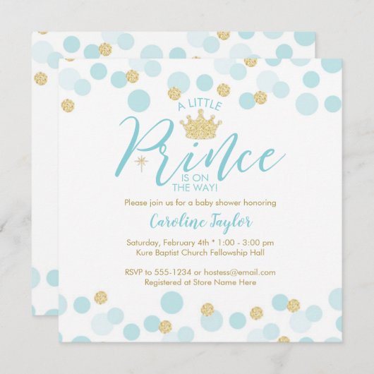 Ein kleiner Prince Baby Dusche Blue Gold Glitzer Einladung (Vorne/Hinten)