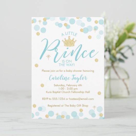 Ein kleiner Prince Baby Dusche Blue Gold Glitzer Einladung (Stehend Vorderseite)