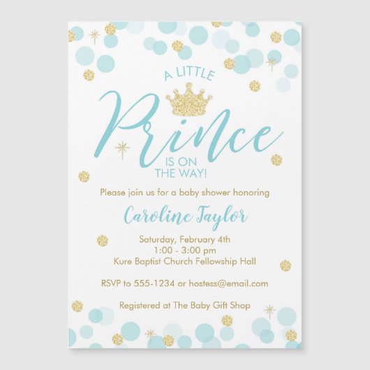 Ein kleiner Prince Baby Dusche Blue Gold Glitzer Magneteinladung (Vorderseite)