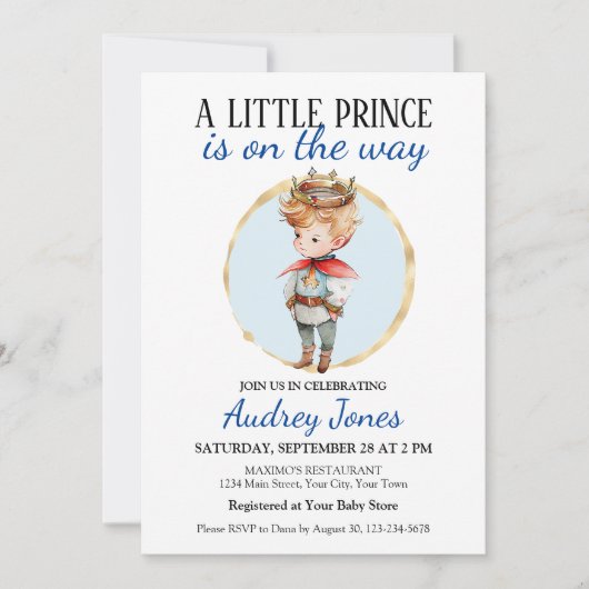 Ein kleiner Prinz ist unterwegs mit einer Babydusc Einladung (Vorderseite)