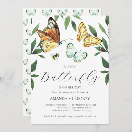 Ein kleiner Schmetterling ist auf dem Weg zur Baby Einladung (Vorne/Hinten)