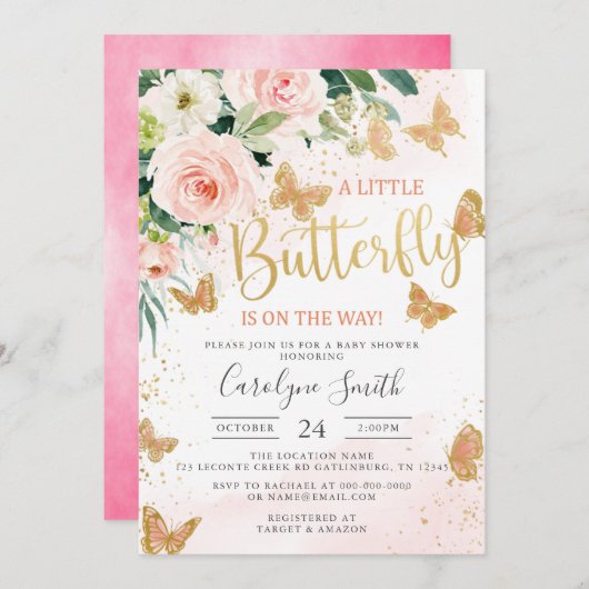 Ein kleiner Schmetterling ist auf dem Weg zur Baby Einladung (Vorne/Hinten)