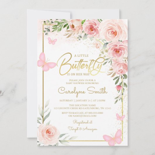 Ein kleiner Schmetterling ist auf dem Weg zur Baby Einladung (Vorderseite)