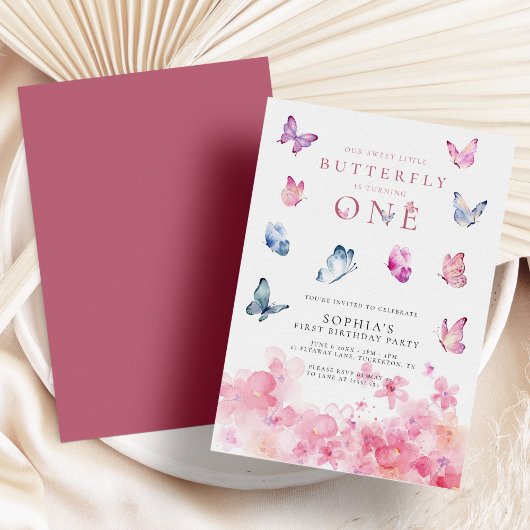 Ein kleiner Schmetterling Pink Floral 1. Geburtsta Einladung