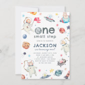 Ein kleiner Schritt | Weltraumtiere 1. Geburtstag Einladung (Vorderseite)