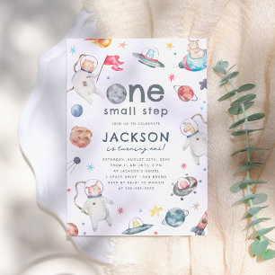 Ein kleiner Schritt   Weltraumtiere 1. Geburtstag  Einladung