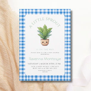 Ein kleiner Spross Pflanze Blau Gingham Babyparty Einladung