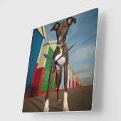 Ein kleiner, vor einigen Strandhütten Stehender Ba Quadratische Wanduhr (Winkel)