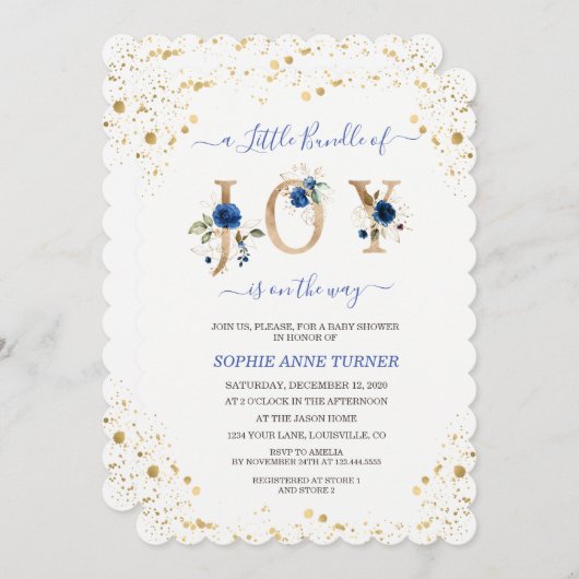 Ein kleines Bündel von Joy Blue Floral Boy Baby Du Einladung (Vorne/Hinten)