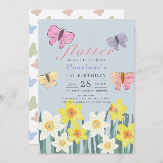 Ein kleines Butterfly-Mädchen 1. Geburtstag Einladung (Vorne/Hinten)