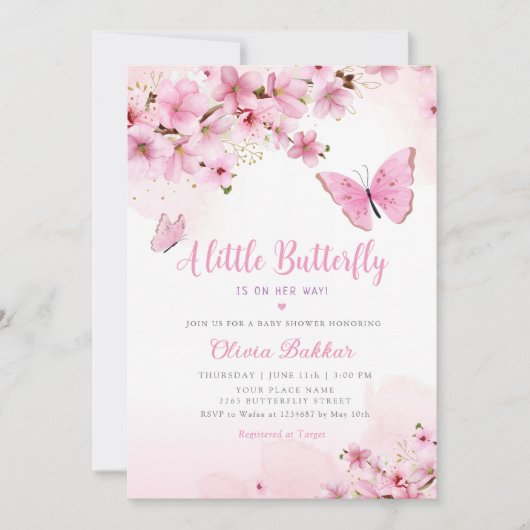Ein kleines Butterfly Pink Floral Girl Baby Dusche Einladung (Vorderseite)