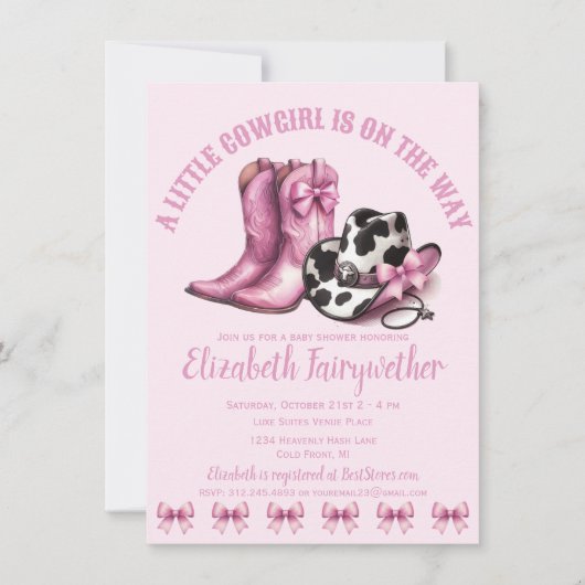 Ein kleines Cowgirl Pink Bows Baby Dusche Einladung (Vorderseite)