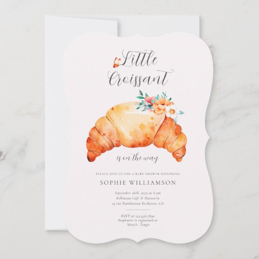 Ein kleines Croissant ist unterwegs mit einer Baby Einladung (Vorderseite)