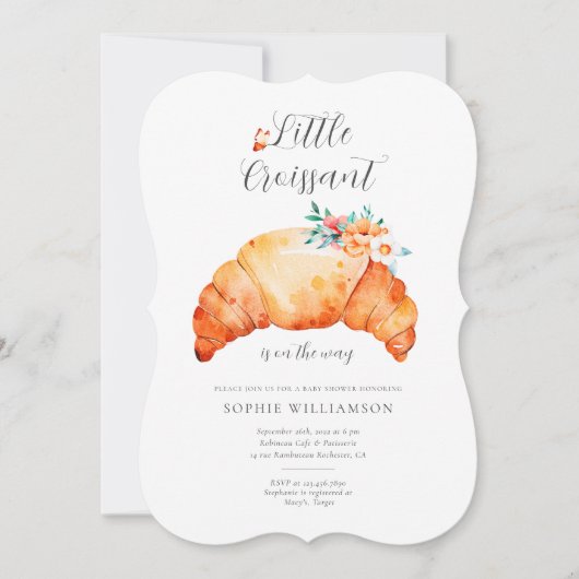 Ein kleines Croissant ist unterwegs mit einer Baby Einladung (Vorderseite)