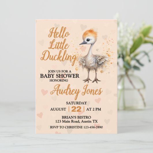 Ein kleines Duckling ist unterwegs mit einer Babyd Einladung (Stehend Vorderseite)