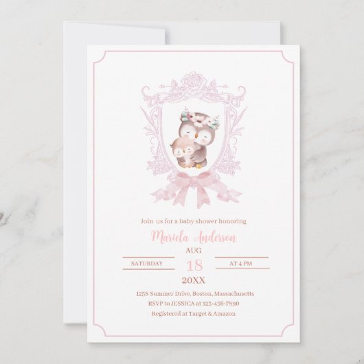 Ein kleines Eule rosa Wappen verbeugt BabyshowEinl Einladung (Vorderseite)