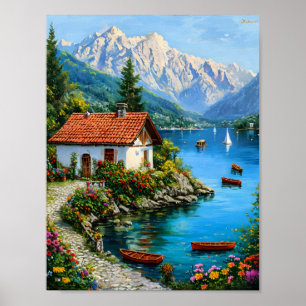 Ein kleines Haus vor dem Hintergrund eines Bergsee Poster