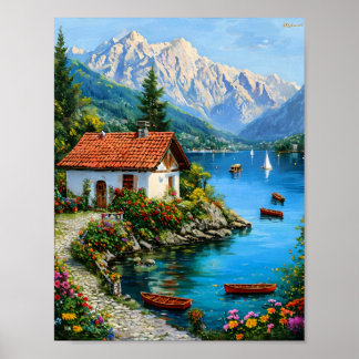 Ein kleines Haus vor dem Hintergrund eines Bergsee Poster