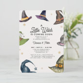 Ein kleines Hexenmädchen Lila Halloween-Kinderdusc Einladung (Stehend Vorderseite)