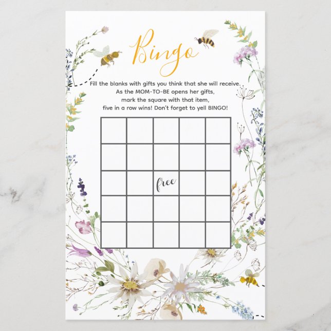 Ein kleines Honey Bee Wildblume Baby Shower Bingo (Vorderseite)