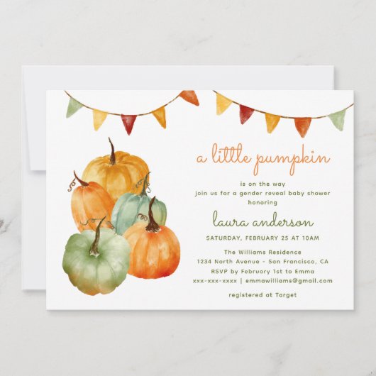 Ein kleines Kürbisgeschlecht offenbart Kinderdusch Einladung (Vorderseite)