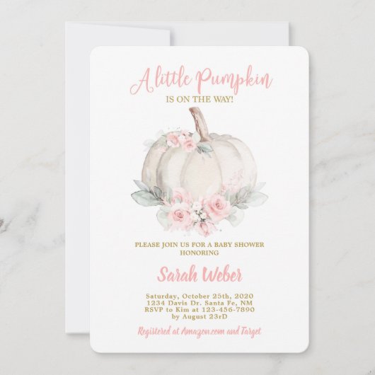 Ein kleines Kürbisröschen rosa Herbstbrause Baby D Einladung (Vorderseite)