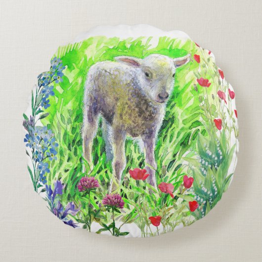 Ein kleines Lamm und Wildblumen Rundes Kissen (Vorderseite)