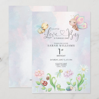 Ein kleines Liebe Bug Watercolor Girl 1. Geburtsta Einladung