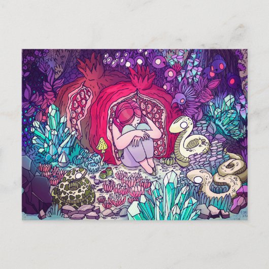 Ein kleines Mädchen, das sich in einem Granatapfel Postkarte (Vorderseite)