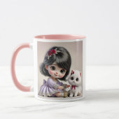 Ein kleines Mädchen in einem violetten Kleid und s Tasse (Links)