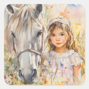 Ein kleines Mädchen mit einem Pferd Quadratischer Aufkleber