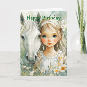 Ein kleines Mädchen mit Pferde-Geburtstag Karte